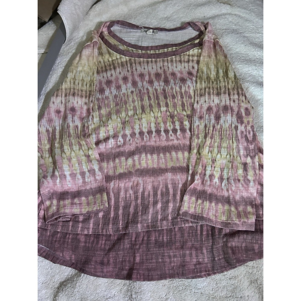 One World Womens Large Boho Tie Dye Tunic Top 3/4 Sleeve Pink Shirt